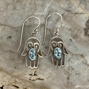 Sterling Silver 925 1.33" Bali Oval Blue Topaz Hamsa Hand Of God Dangle Earrings